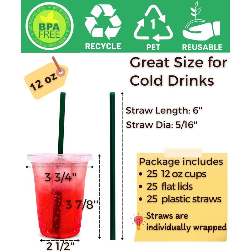 20 oz Clear Plastic Cups with Lids and Straws, Disposable Coffee Cups 25 Sets