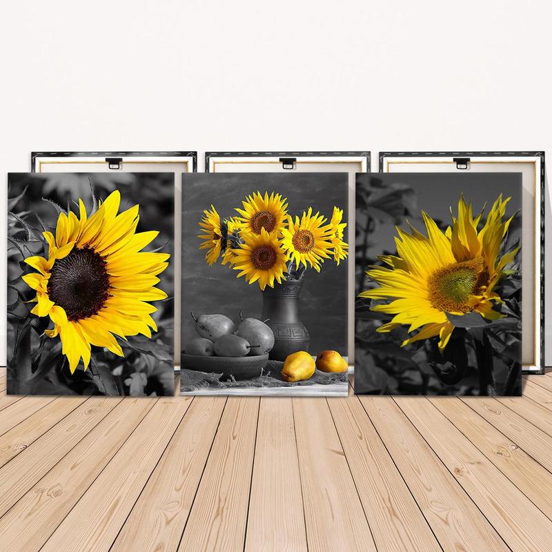 Sunflower Pattern Wooden Framed Canvas Painting, 3 Counts Modern Wall Art Poster, Wall Decor for Home Living Room Bedroom Office Room Decor, Christmas 2024 Ornament, Christmas Gift Ideas, Stocking Stuffers