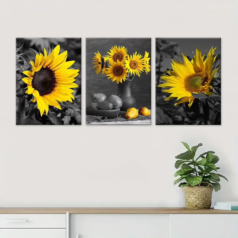 Sunflower Pattern Wooden Framed Canvas Painting, 3 Counts Modern Wall Art Poster, Wall Decor for Home Living Room Bedroom Office Room Decor, Christmas 2024 Ornament, Christmas Gift Ideas, Stocking Stuffers