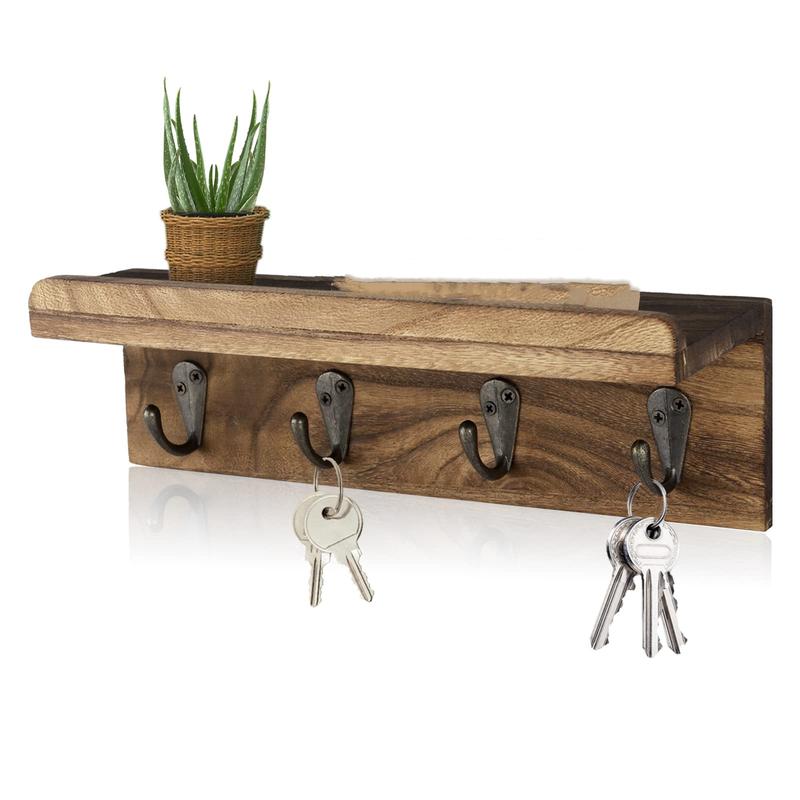 Unique Rustic Key Holder for Wall - Farmhouse Wall Shelf with 4 Hooks, Wall Mounted Key Racks. Durable Wooden Mail Organizer with Hooks for Entryway - Must-Have Accessory