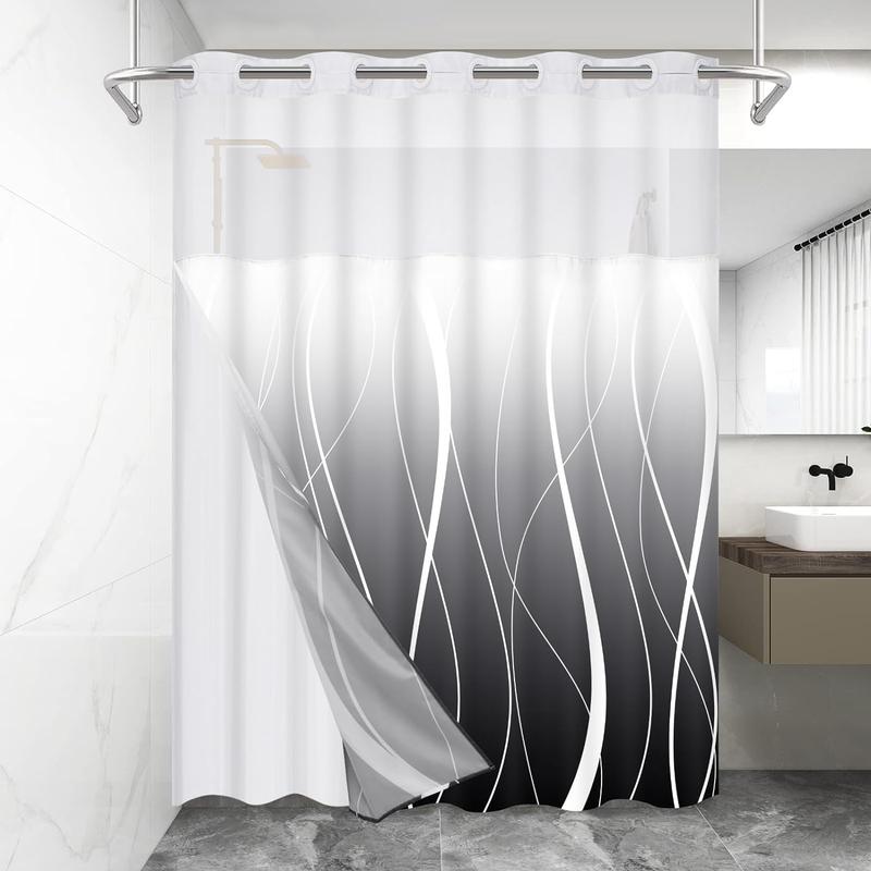 Alishomtll No Hook Shower Curtain with Snap in Liner, Modern Striped Hotel Shower Curtain and Liner Set, Ombre See Through Shower Curtain with Window, Double Layer, Washable