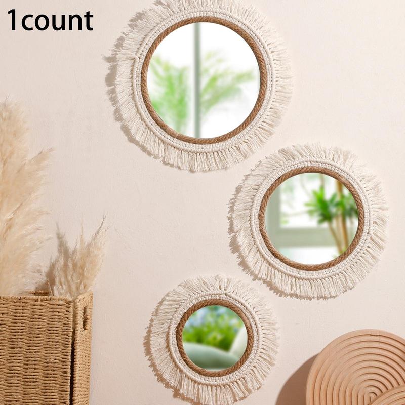 Boho Style Wall Mirror, 1 Count Handmade Tassel Decor Round Mirror, Wall Hanging Decor for Home Living Room Bedroom Study Room Coffee Shop