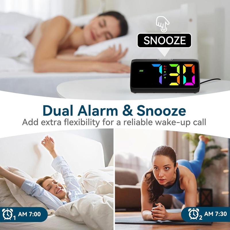 Loud Alarm Clock for Heavy Sleepers, RGB Alarm Clocks for Bedrooms Seniors s, Plug in Digital Clock with 5 Dimmers, 2 Alarms, 4 Volumes and Snooze