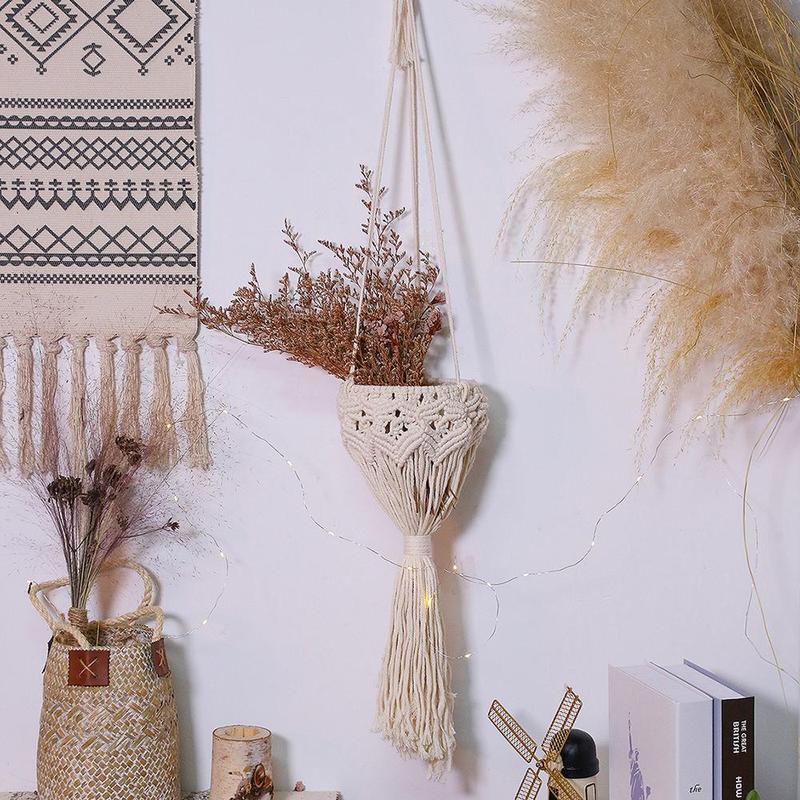 Boho Style Tassel Hanging Decor (1 4 Counts), Woven Tassel Hanging Basket, Boho Rope Braided Plant Pot, Home Decor for Living Room, Bedroom, Garden, Hanging Decor, Home Decor