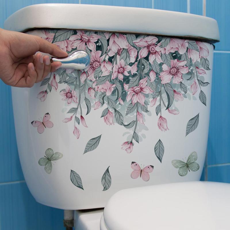 Floral & Butterfly Pattern Toilet Lid Sticker, 4 Counts Self Adhesive Toilet Lid Decal, Bathroom Decor, Home Decor