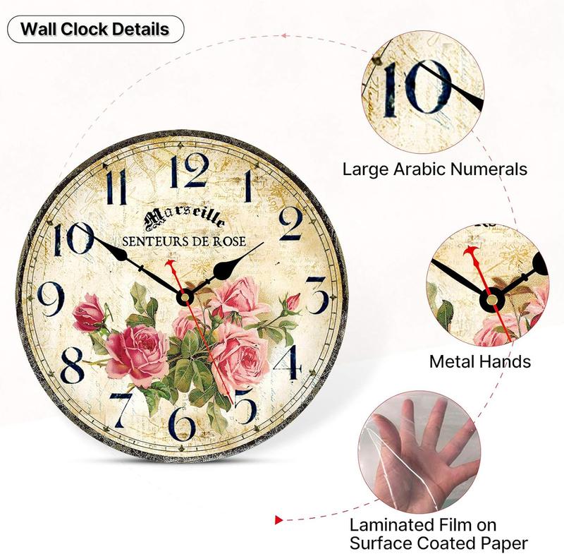 Home Wall Clock 14 Inch Wooden  Operated Wall Clocks Decorative Indoor Wall Clocks Vintage  Floral Wall Clock (Pink Roses)