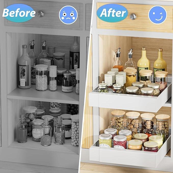 Pull Out Cabinet Organizer Drawers: Expandable Slide Out Shelves Fixed with Adhesive Nano Film