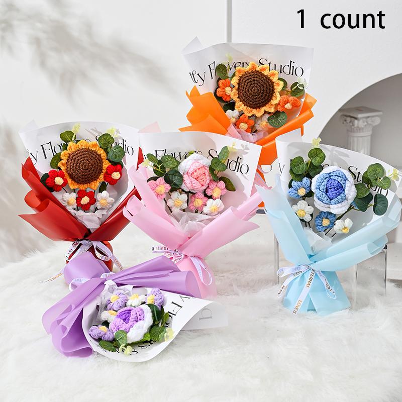 Flower Design Handmade Crochet Bouquet, 1 Count Creative Wrapped Flower Bouquet, Perfect for Birthday, Proposal, Thank You Gift