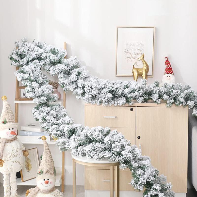 Artificial Snow Covered Christmas Garland, 1 Count Faux Pine Garland, Winter Frost Holiday Garland for Christmas Tree Stair Fireplace Decoration