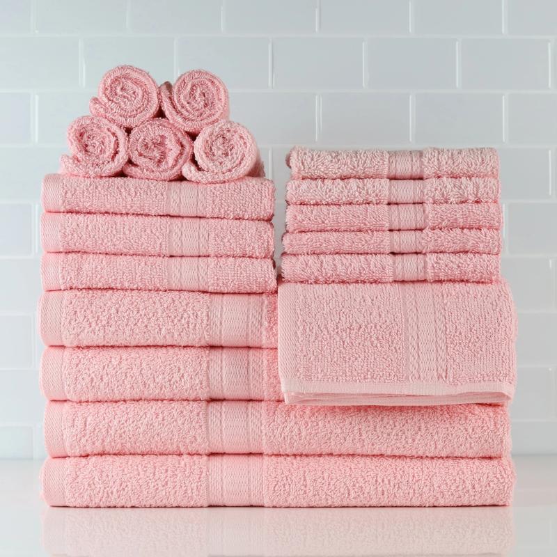 Basic Solid 18-Piece Bath Towel Set Collection, Daylily Pink