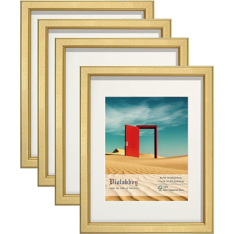 11x14 Picture Frame Gold Set of 4, Photo frame for 8x10 Pictures with Mat or 11x14 without Mat, HD Real Glass, Vertical or Horizontal for Wall and Tabletop Display