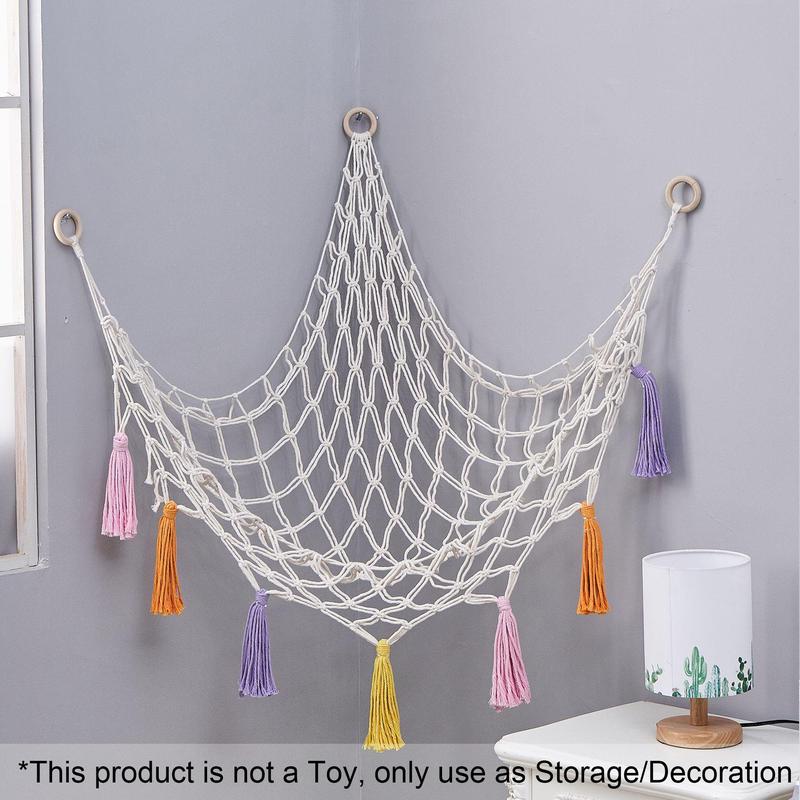 Hanging Stuffed Animal Toy Hammock, 1 Count Boho Tassel Decor Hanging Storage Basket, Wall Corner Hanging Hammock, Hanging Organizer for Stuffed Animals