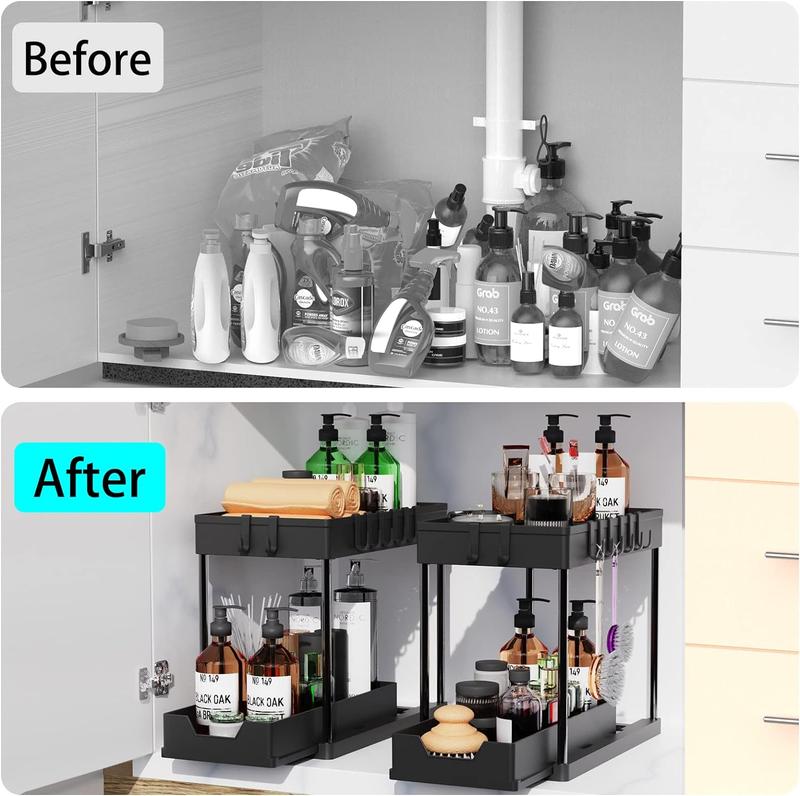 2 Pack Under Sink Organizers! 2-tier sliding cabinet baskets with hooks. Multi-purpose storage for bathroom and kitchen.