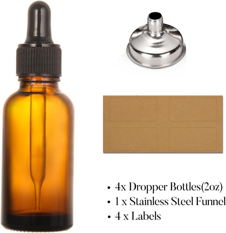 4 Pack, 2 oz Dropper Bottles with 1 Funnel & 4 Labels - 60ml Thick Dark Amber Glass Tincture Bottles with Eye Droppers - Leakproof Essential Oils Bottles