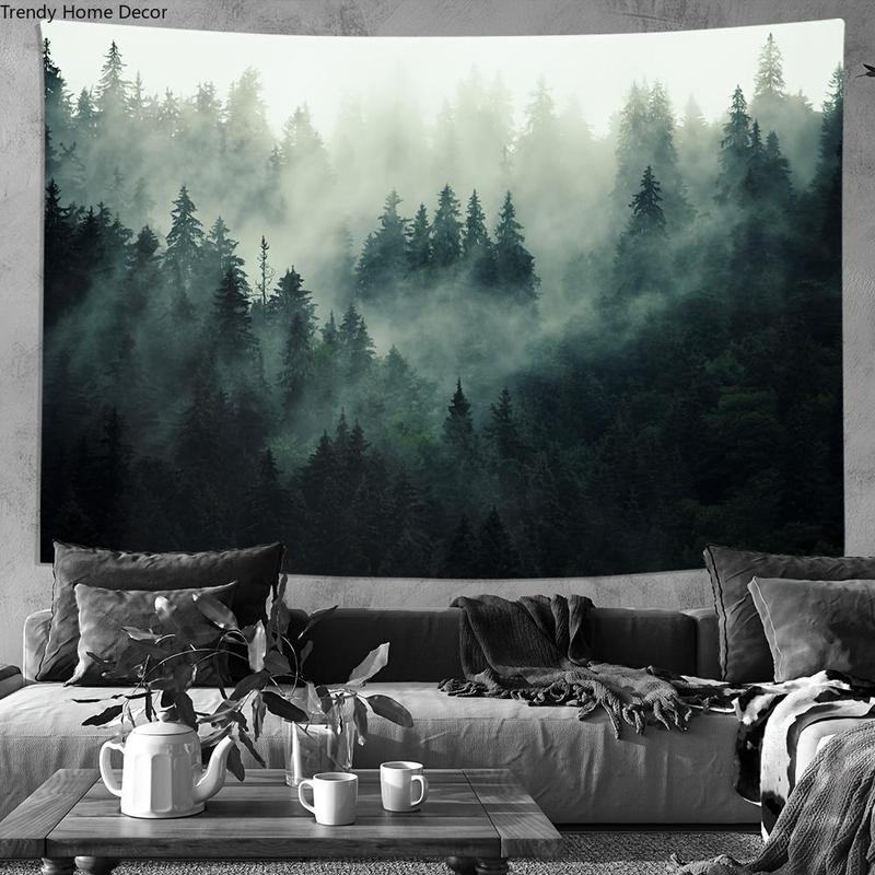 Christmas 2024 Ornament - Enchanting Misty Forest Tapestry - Large Nature-Inspired Foggy Tree Polyester Backdrop with Vivid Colors for Wall Hanging, Perfect Home Decor for Living Room, Bedroom, Office, and Party Decoration