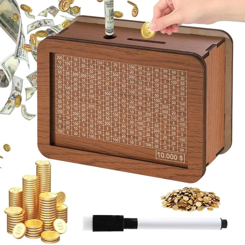 Wooden Money Box with Pen, 1 Count Money Saving Box, Coin Counter Piggy Bank, Cash Saver Money Box, Money Bank for Kids Adults