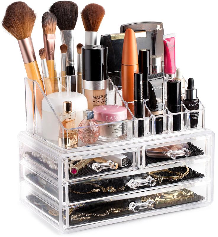 Clear Makeup Organizer - Cosmetic Storage Organizer - 16 Compartments - Easily Sort Make Up & Jewelry - 4 Drawer Vanity Organizer - Elegant Look - Transparent Design - Makeup Holder Boxes Accessory