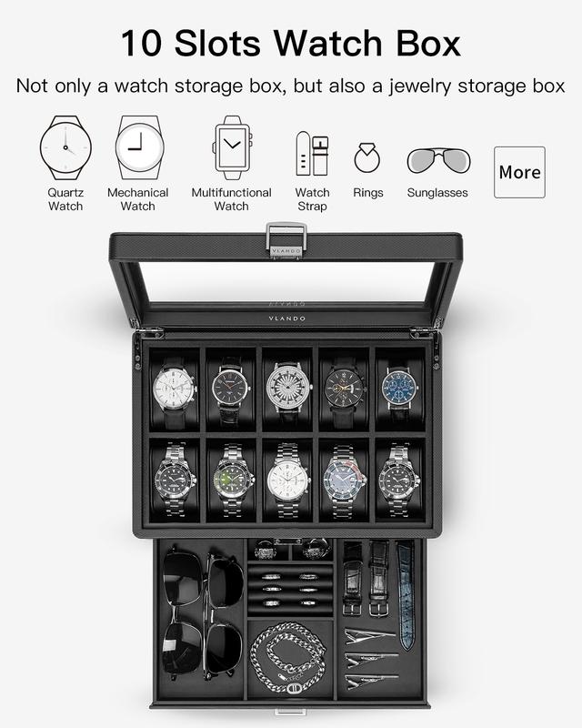 VLANDO Watch Box for 10 slot, Lockable Watch Case with Textured Leather, 2 Layer Watch Holder for Rings, Bracelets, Glasses, Glass Lid, Removable Divider, Christmas Gift  Holiday Gifts for Fathers, Husband, Friend