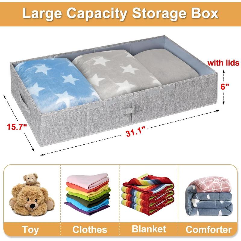 Under Bed Storage Containers, 3 Pcs Large Blanket Clothes Storage Bag, Long Flat Firm Sides Underbed Organization And Storage w  3 Handles & Lid For Comforter Toy Closet, 31.1*15.7*6 inch Tall