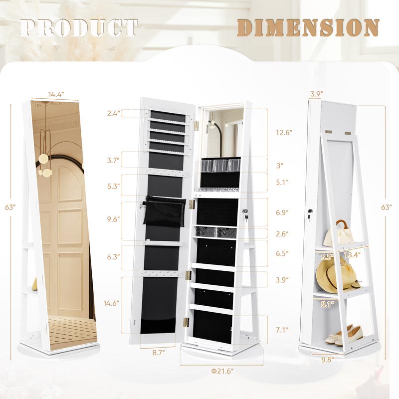 Homall LED Jewelry Armoire Cabinet 360° Swivel Jewelry Box Mirror Storage Organizer, White Adjustable Bracelet