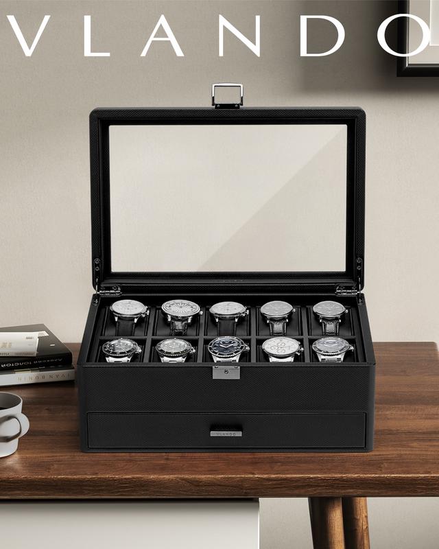 VLANDO Watch Box for 10 slot, Lockable Watch Case with Textured Leather, 2 Layer Watch Holder for Rings, Bracelets, Glasses, Glass Lid, Removable Divider, Christmas Gift  Holiday Gifts for Fathers, Husband, Friend