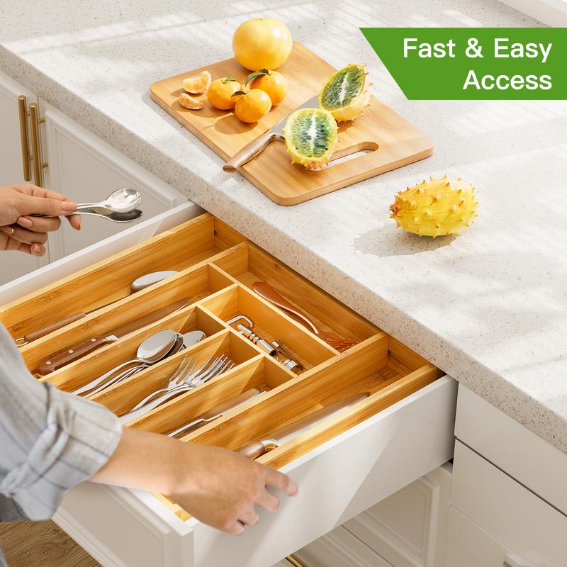 Pipishell Silverware Organizer, Expandable Bamboo Drawer Organizer, Kitchen Utensils Holder, Adjustable Cutlery Tray, Wooden Drawer Dividers for Boxes display rack