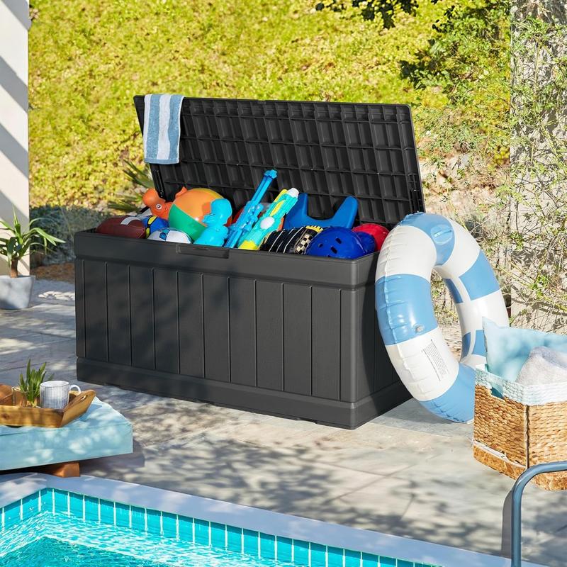 85 Gallon Large Resin Deck Box Waterproof Outdoor Storage with Padlock Indoor Outdoor Organization and Storage Container for Patio Furniture Cushions, Pool Toys, Garden Tools (Black)