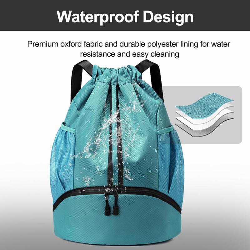 Sports Drawstring Backpack - String Swim Gym Bag with Shoes Compartment and Wet Proof Pocket for Women Men (Teal)