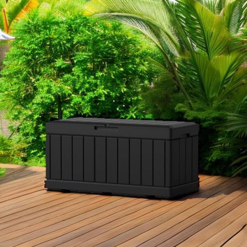 85 Gallon Large Resin Deck Box Waterproof Outdoor Storage with Padlock Indoor Outdoor Organization and Storage Container for Patio Furniture Cushions, Pool Toys, Garden Tools (Black)