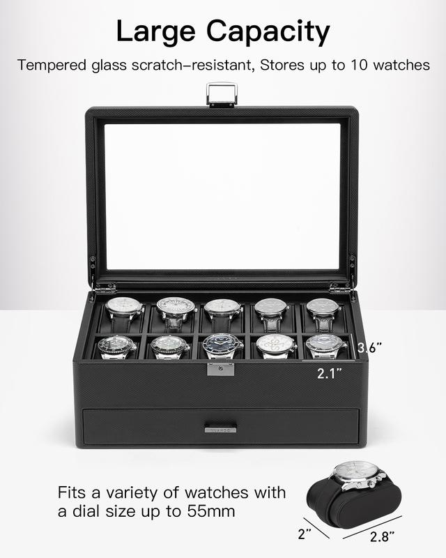 VLANDO Watch Box for 10 slot, Lockable Watch Case with Textured Leather, 2 Layer Watch Holder for Rings, Bracelets, Glasses, Glass Lid, Removable Divider, Christmas Gift  Holiday Gifts for Fathers, Husband, Friend