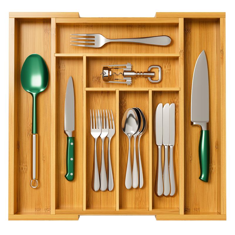 Pipishell Silverware Organizer, Expandable Bamboo Drawer Organizer, Kitchen Utensils Holder, Adjustable Cutlery Tray, Wooden Drawer Dividers for Boxes display rack