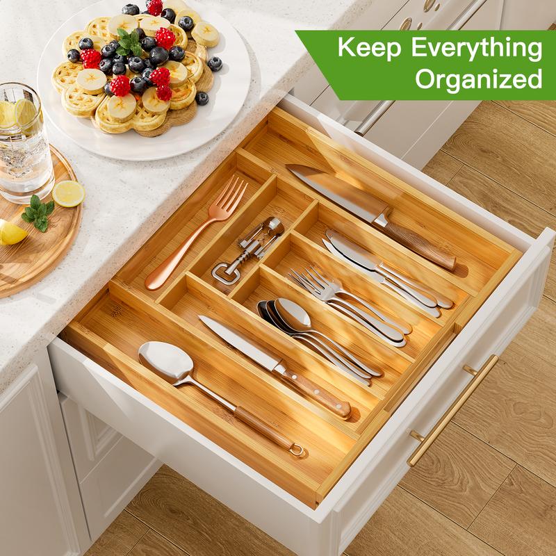 Pipishell Silverware Organizer, Expandable Bamboo Drawer Organizer, Kitchen Utensils Holder, Adjustable Cutlery Tray, Wooden Drawer Dividers for Boxes display rack