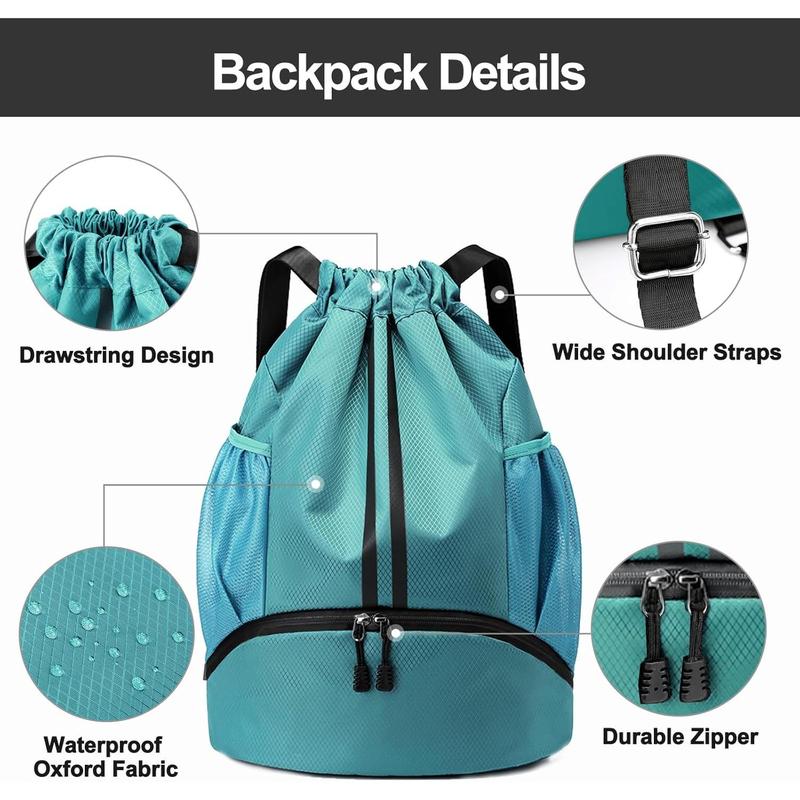 Sports Drawstring Backpack - String Swim Gym Bag with Shoes Compartment and Wet Proof Pocket for Women Men (Teal)