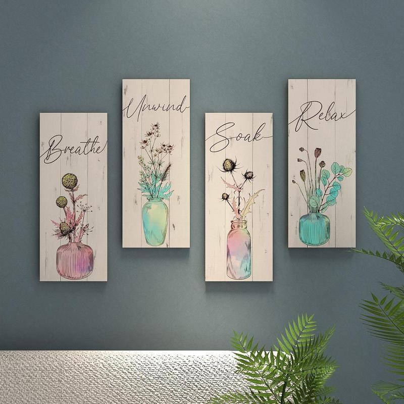 Potted Flower & Letter Pattern Wooden Hanging Sign, 4 Counts set Farmhouse Bathroom Decor, Wall Art for Home Bathroom Decoration