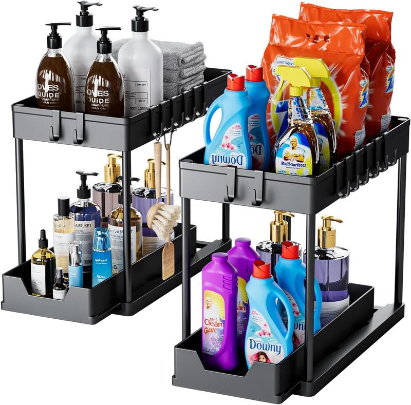 2 Pack Under Sink Organizers and Storage - 2 Tier Sliding Bathroom Cabinet Organizer with Hooks - Multi-Purpose Under The Sink Organizer Kitchen