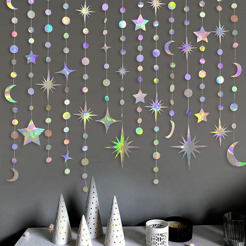 Iridescent Star Moon Circle Dot Garland Party Decoration Kit Hanging Crescent and Twinkle Little Star Streamer Bunting Banner