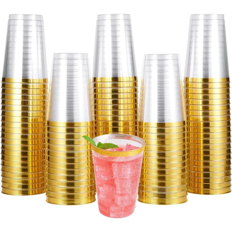 100P Gold Rimmed Plastic Cups, 12oz Clear Tumblers, Disposable for Weddings, Thanksgiving, Christmas.