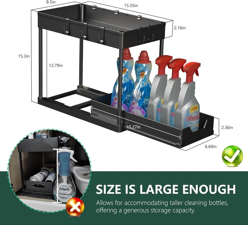 2 Pack Under Sink Organizers and Storage - 2 Tier Sliding Bathroom Cabinet Organizer with Hooks - Multi-Purpose Under The Sink Organizer Kitchen