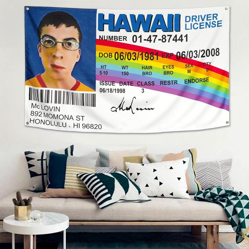 McLovin ID Flag 3x5Ft Driver License Banner 3x5Ft Funny Tapestry for Room College Dorm Decor Indoor Bedroom Outdoor Wall Hangging Flags