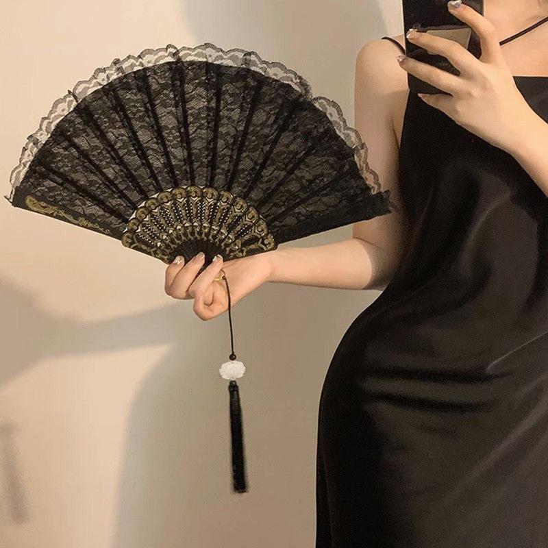 Vintage Lace Folding Fan, Chinese Style Handheld Fan, Portable Summer Hand Fan for Women & Girls, Party Costume Accessories