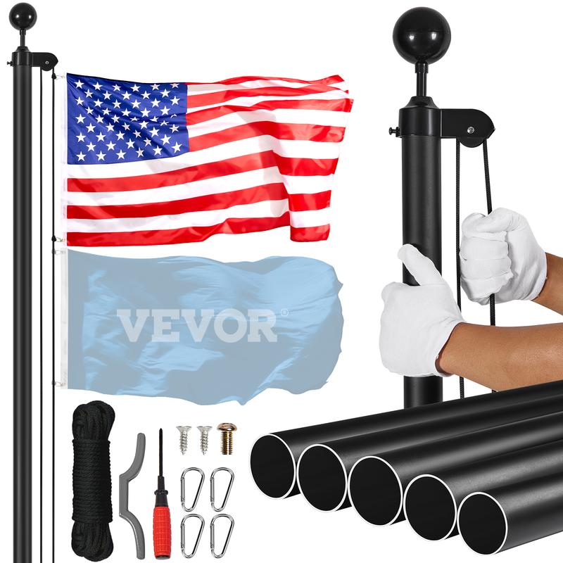 VEVOR 25FT Sectional Flag pole Kit, Heavy Duty Aluminum Alloy in Ground Flag poles for Outside, 3 Display Modes Flagpole with 3x5 American Flag, Professional Accessories, Black Banners Lightweight