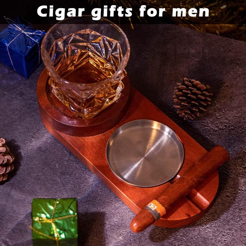 Ashtray Coaster Whiskey Glass Tray and  Holder, Wooden Ash Tray, Slot to Hold ,  Rest,  Accessories Set Gift for Men Dad, Great Decor for Home,Office or Bar