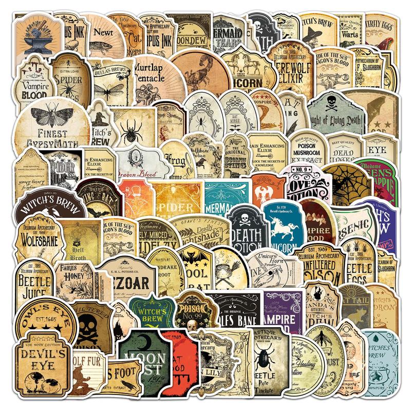 Vintage Drug Label Pattern Car Sticker, 100pcs Waterproof Self Adhesive Decor Paper, Decor Sticker for Gift Greeting Card Water Bottle Laptop Phone