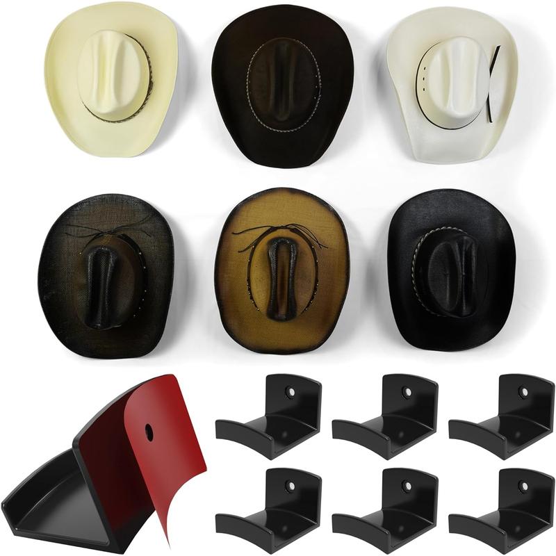 Adhesive Hat Hooks for Wall (6-Pack) - Cowboy Hat Rack, Wide Brim Hat Organizer, Strong Hold Hat Hangers for Wall - Black