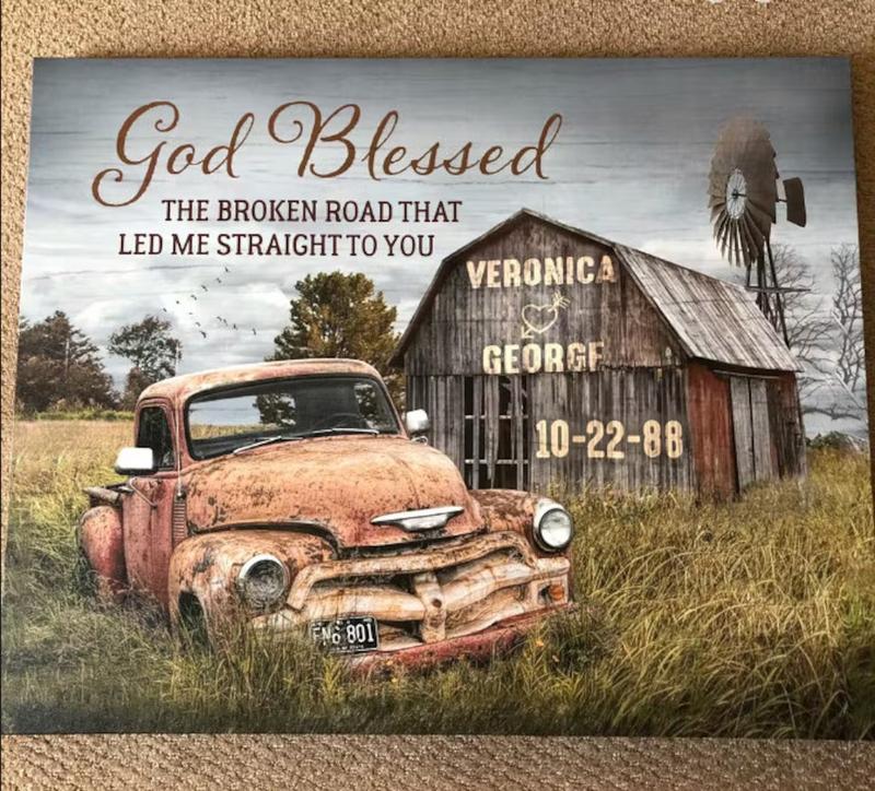 C01 O Custom Canvas Prints Anniversary Wedding Gift, God Blessed The Broken Road Old Truck and Barn Personalized Wedding Canvas - Custom Couple Name, Date Decor Matte