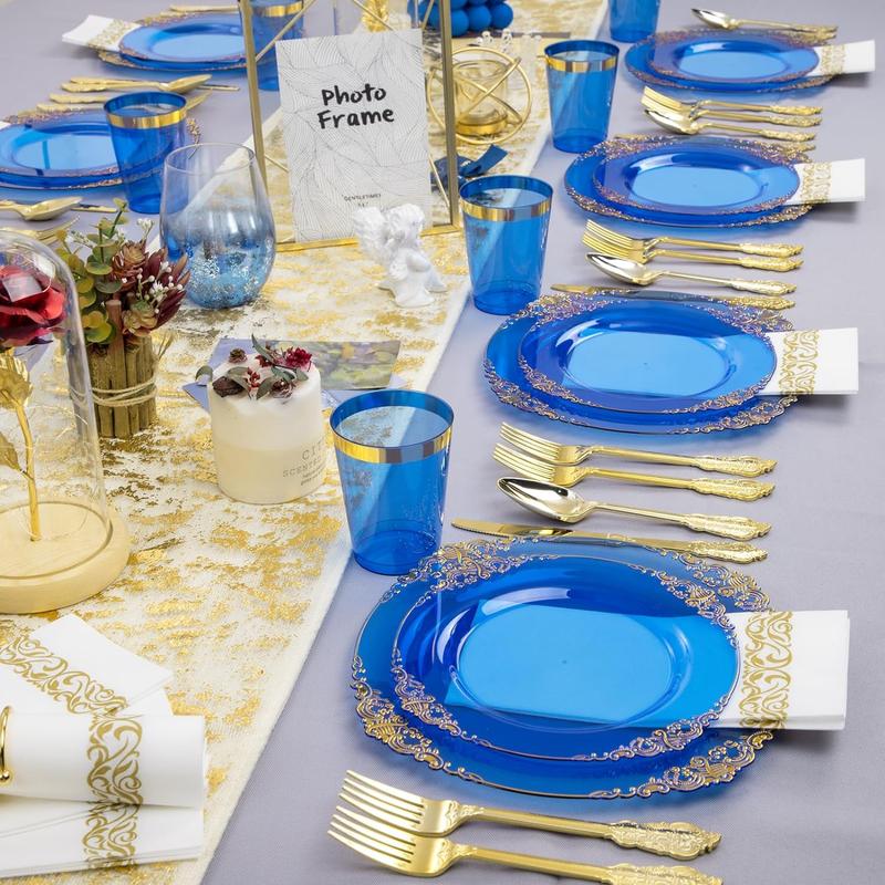 Nervure 350PCS Blue Plastic Plates - Blue Plastic Dinnerware Sets for 50 Guests - 100 Blue Disposable Party Plates, 150Gold Plastic Silverware, 50Cups, 50Napkins for Wedding & Party