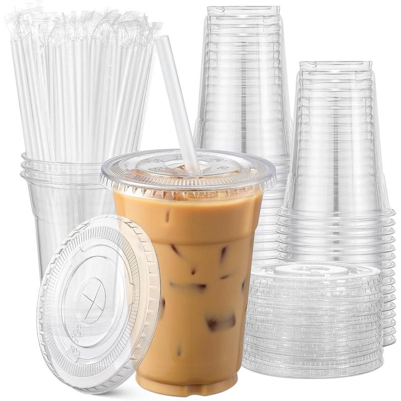 100count,  Plastic Cups With Lids and Straws, Disposable Clear Plastic Cups With Lids for Iced Coffee, Smoothie, Milkshake and Cold Drinks