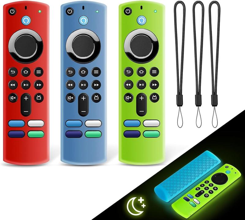 3 Pack Fire Stick Remote Cover,  Remote Case for 2021 Fire TV Stick 4K Alexa Voice Remote 3rd Gen, Anti Slip  Protective Case with Lanyard(Glow Blue & Glow Green & Red)