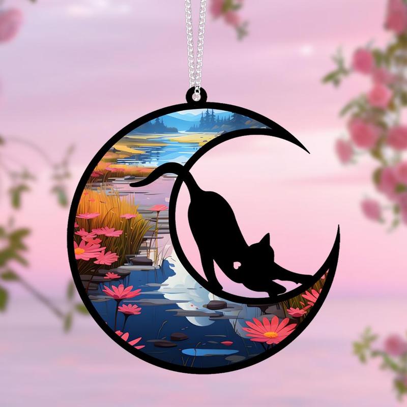 Cat & Moon Pattern Colorful Hanging Decor, 1 Set Round Hanging Decor with Chain & Hook, Wall Decor for Home Living Room Bedroom