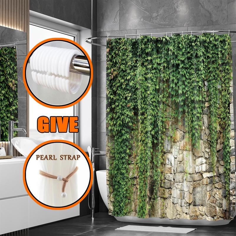 Stone Wall & Plant Pattern Bath Curtain, 1 Count Waterproof Shower Curtain with 12 Hooks & 1 Random Color Strap, Bathroom Decor Supplies